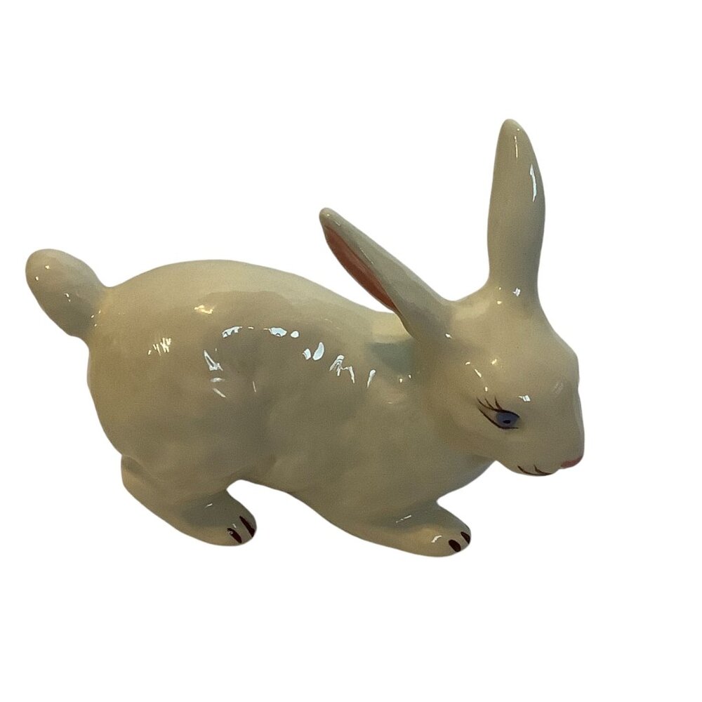 Vtg White Bunny Figure Handcrafted‎ Signed Barb 4.25"x3" Blue Eyes Glazed Easter